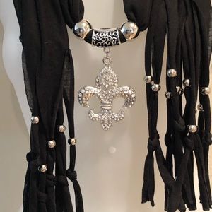 Black Scarf with beautiful Fleur de Lis Pendant